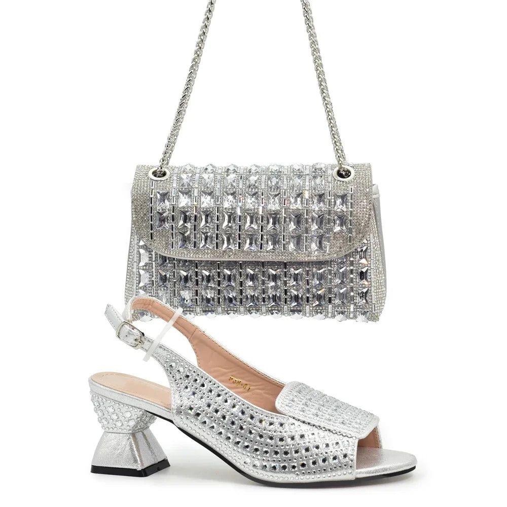 Macy African Style Ladies Shoes and Bags Set Latest Women Shoes and Bag Set Decorated with Rhinestone Heels Women Luxury