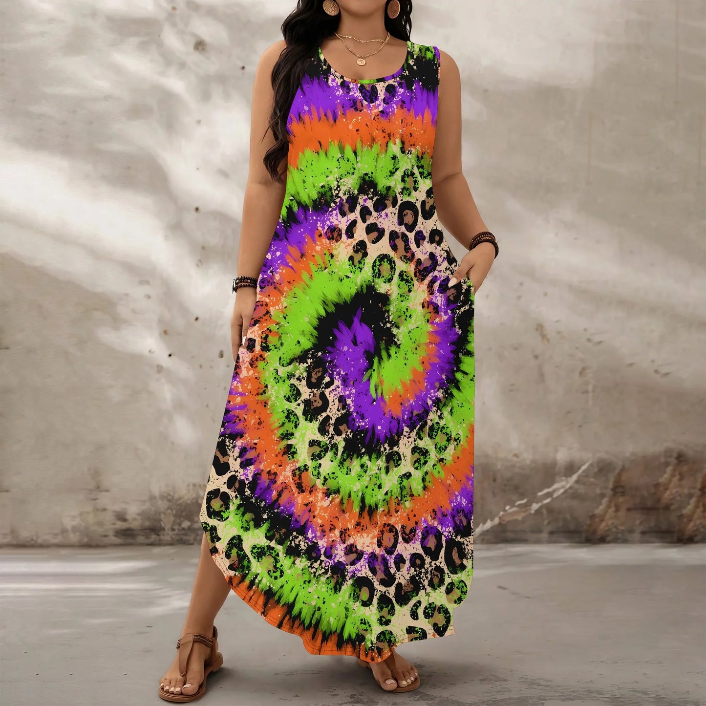 Maxy Plus Size Sleeveless Leopard Print Maxy Dress Gradient Colorful Summer Casual Beach Holiday Sundress