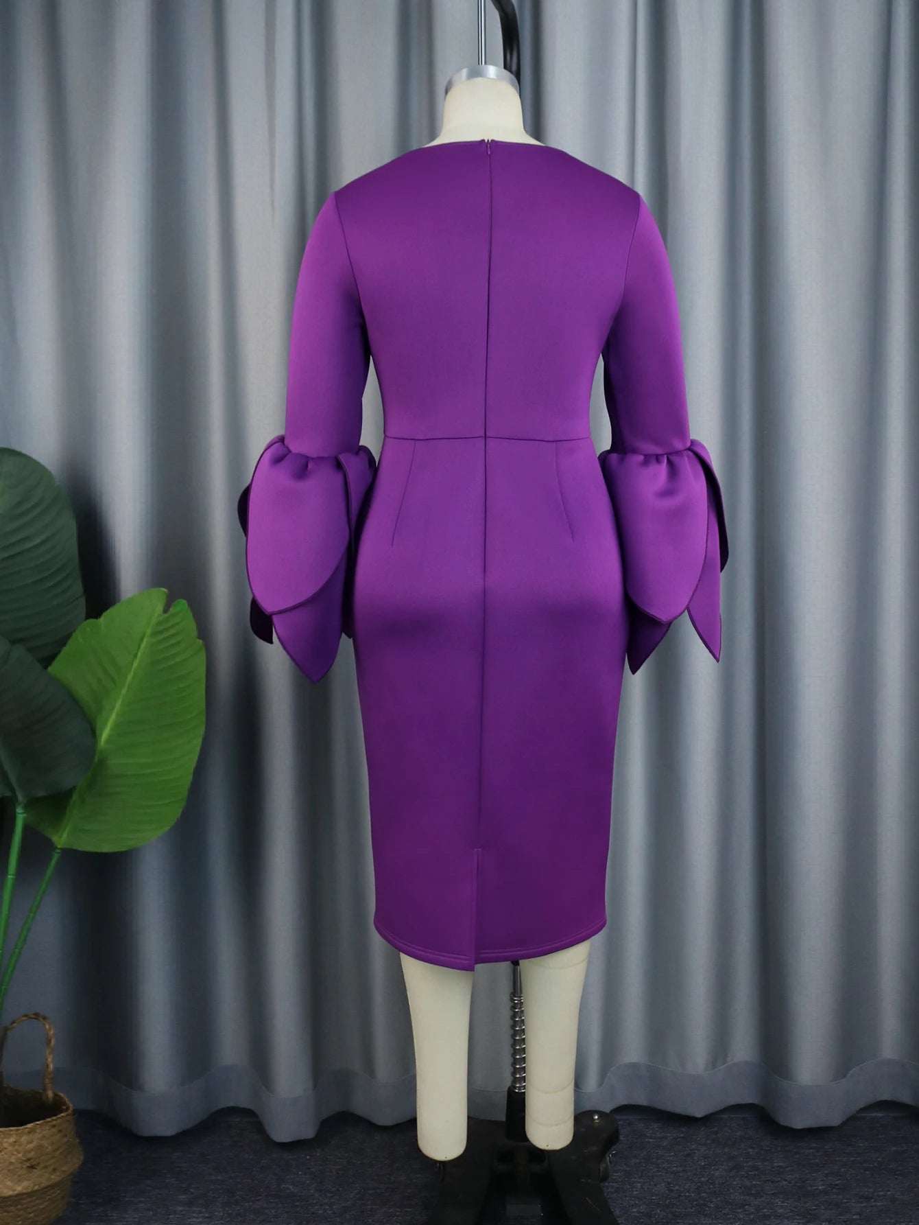 Maxy Purple Midi Dresses for Women Plus Size O Neck Long Ruffles Sleeve Elegant Formal Occasion Birthday Wedding Guest Evening Gowns