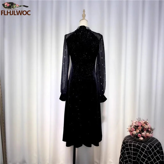 Maxy New Year Retro Vintage French Design Dresses Women Bead Bling Evening Party Elegant Annual Meeting Slim Black Velvet Dress Long