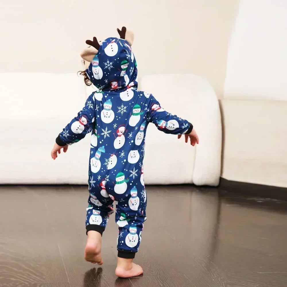 Christmas Outfits for Family Adults Kids Matching Pajamas Snowman Print Deer Ear Hooded One-Piece Jumpsuit Warm Soft Xmas Romper