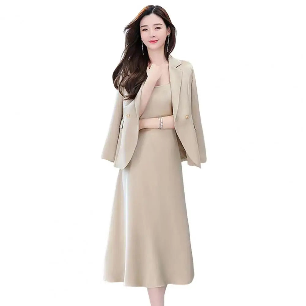 Maxy Women's Office Suit Fashion Blazer suit Simple Solid Color Spring Summer Half Sleeve Top + Dress 2 Piece Set Blazer