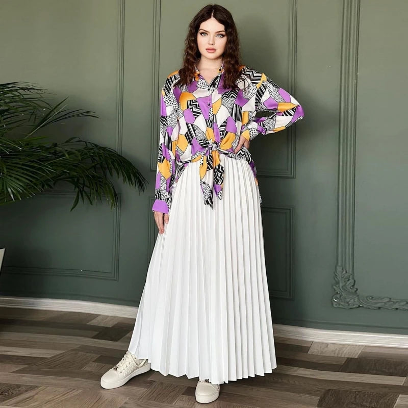 Amay Women Sets Two Piece Set Print Long Lantern Sleeve Top And Elegant Long Skirt High Streetwear Casual Beach Suit