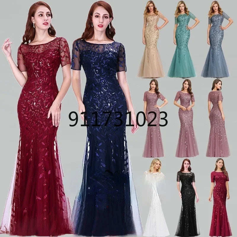 Ever Pretty Dress Sequin Mesh Mermaid Slim Evening Dress Beaded Leaves Pattern  Formal Dress Women Elegant