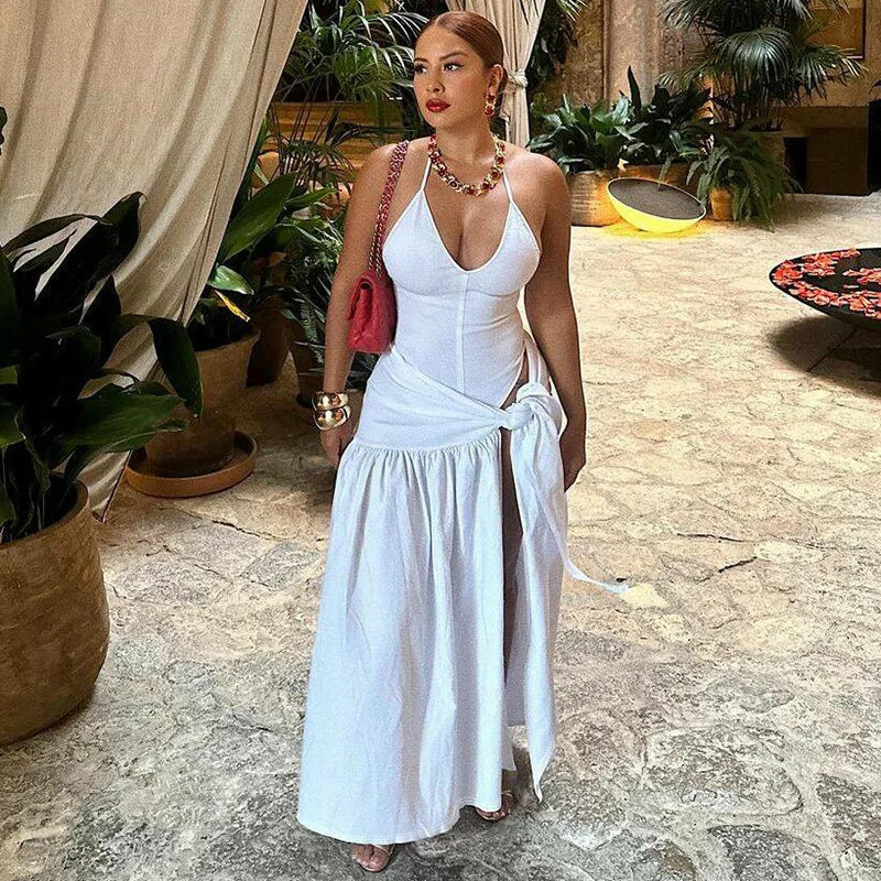 Maxy 2 Piece Set Female V-Neck Jumpsuit Outfits Sexy skirt Sets Lace-Up Pleated High Waist For Women White Bandage two piece