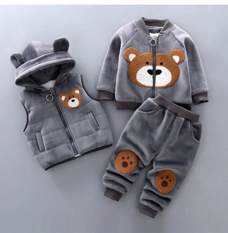 Maxy 2024 New Baby Boys Girls Christmas Cartoon Winter Hooded Plush Warm Vest Coat+Sweatshirt+Pants 3Pcs Infant Children Sports Suit