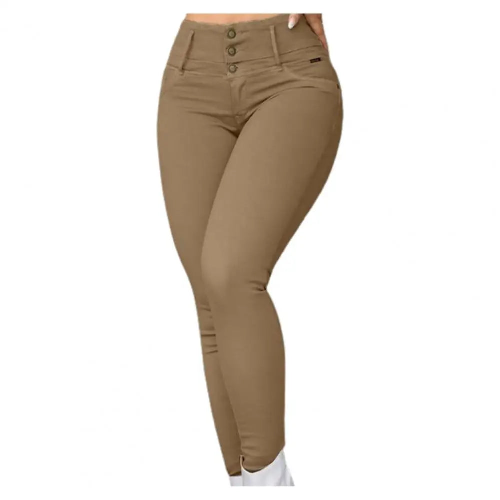 Maxy Skinny Women Pants High Waist Slim Stretchy Zipper Button Breathable Ankle Length Pencil Pants Lady Long Trousers