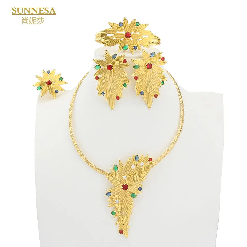 Maxy Colorful Zircon Luxury Dubai Jewelry Sets for Women Golden Necklace Earrings Party Gift Fashion African Bracelet Rings