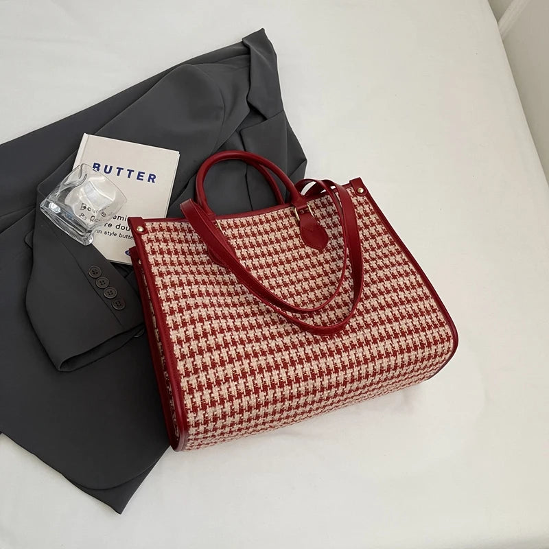 Maxy Red Love Heart Handbag For Women Large Capacity Cloth Travel Bag Fashion Hand Bag Retro Houndstooth Female Portable Tote Bag