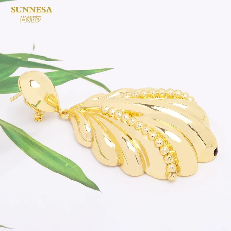 SUNNESA Leaf Shape Big Pendant Necklace Luxury Dubai Jewelry Set for Women Wedding 18k Gold Plated African Drop Earrings