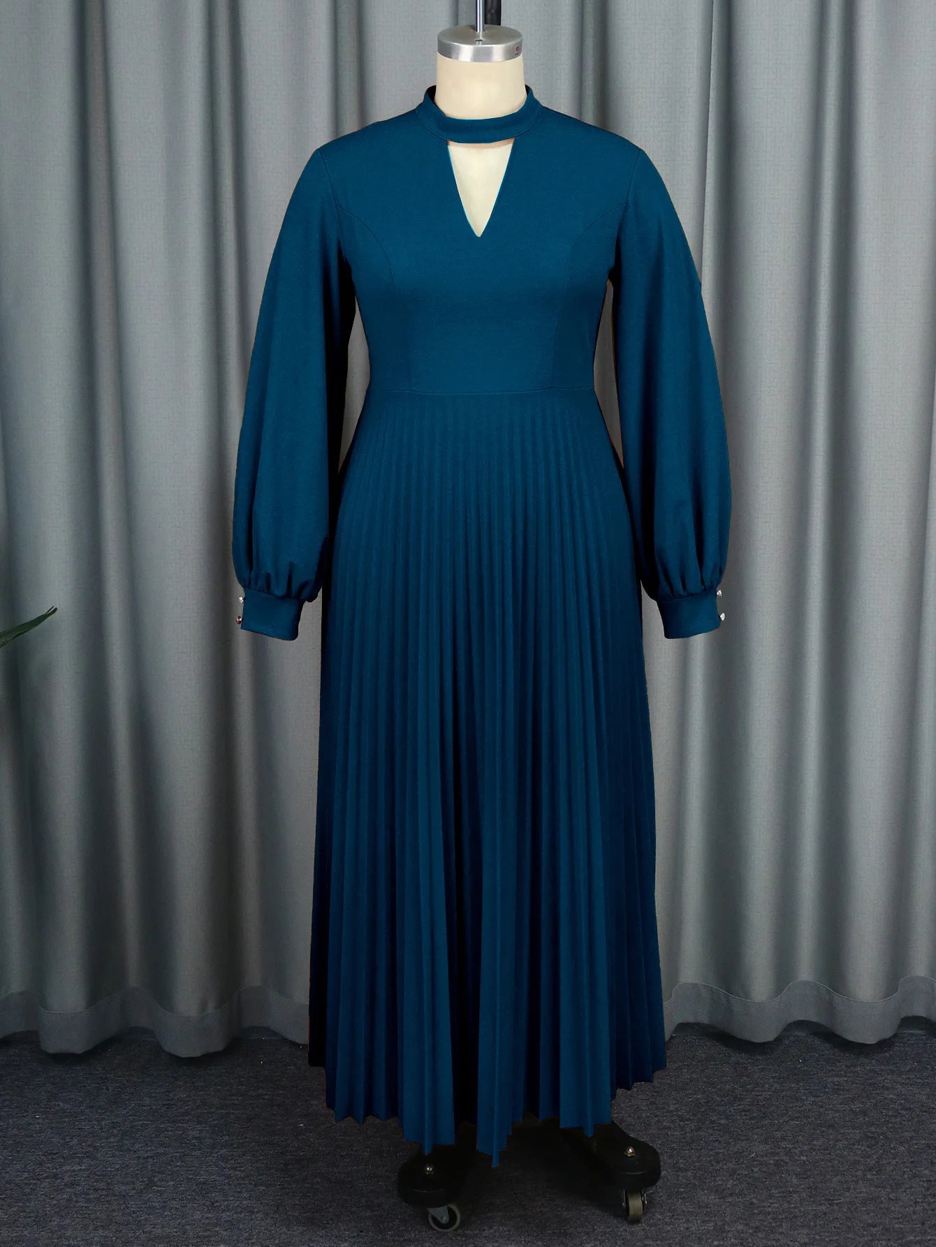 Maxy high-end hollow out small stand up collar party dress autumn lantern sleeve pleated dress