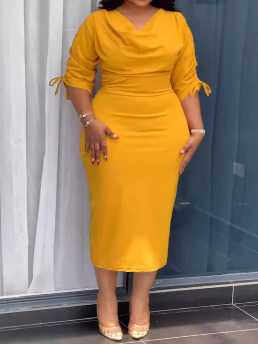 Maxy Plus Size 4XL Women's Autumn/winter New OL Dress Yellow V-neck Drawstring Slit Bodycon Dresses Commuting Office Girl