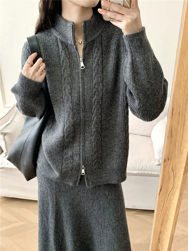 Maxy Sets For Women 2 Pieces Skirt Sweater Knitted Zipper Cardigan Stand Collar Solid Autumn Warm Winter Skirt Elegant Women's Sets