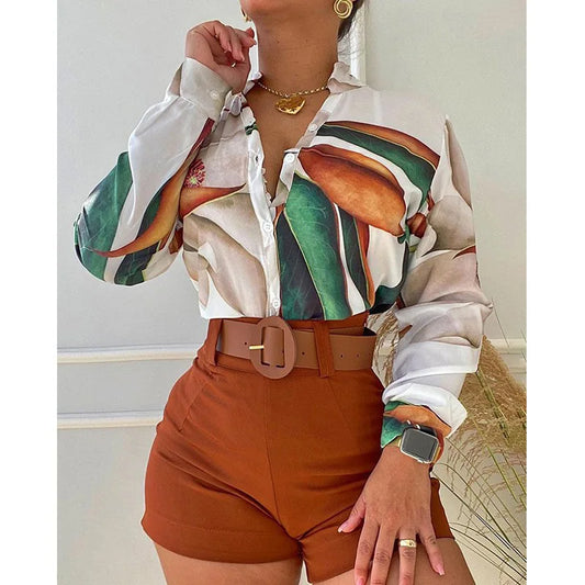 Amay Europe and America cross border Summer New Independent Stand Printed Stand Collar Long Sleeve Single-Breasted Shirt Women's T
