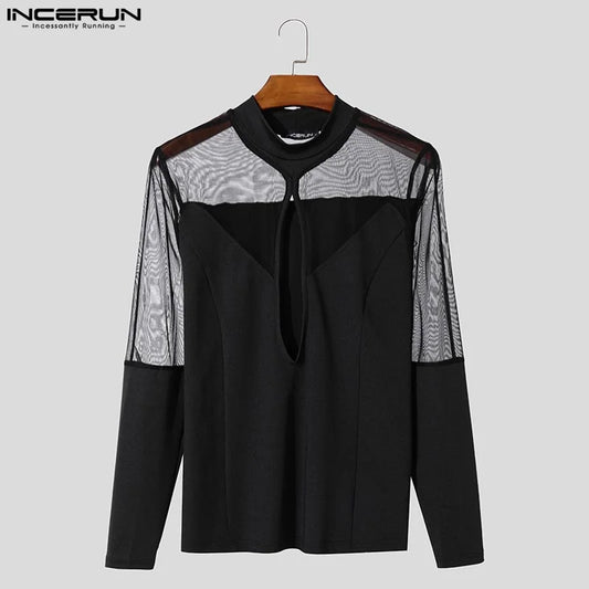 Amay Handsome Mesh Splicing T-shirt Men Long Sleeve Stand Collar Camasta Solid Color Fashion Hollow Design Knitted Tops