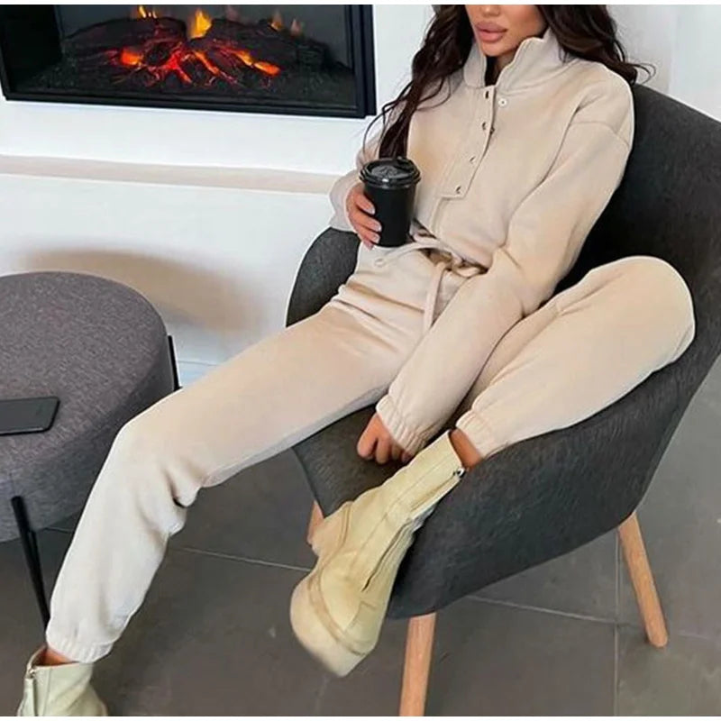 Maxy Casual Stand Collar Jumpsuits Women Autumn Winter Zipper One Piece Long Sleeve Outfit Solid Loose Drawstring Rompers Tracksuits