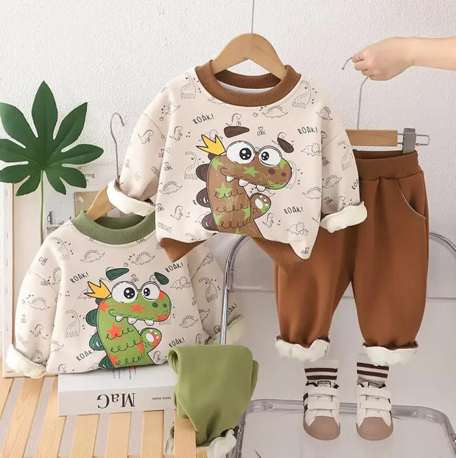 Maxy Baby Boys Clothes Toddler Sets Autumn Winter Casual Print Dinosaur Fleece Pullover Sweatshirt+Pants Boutique Outfits