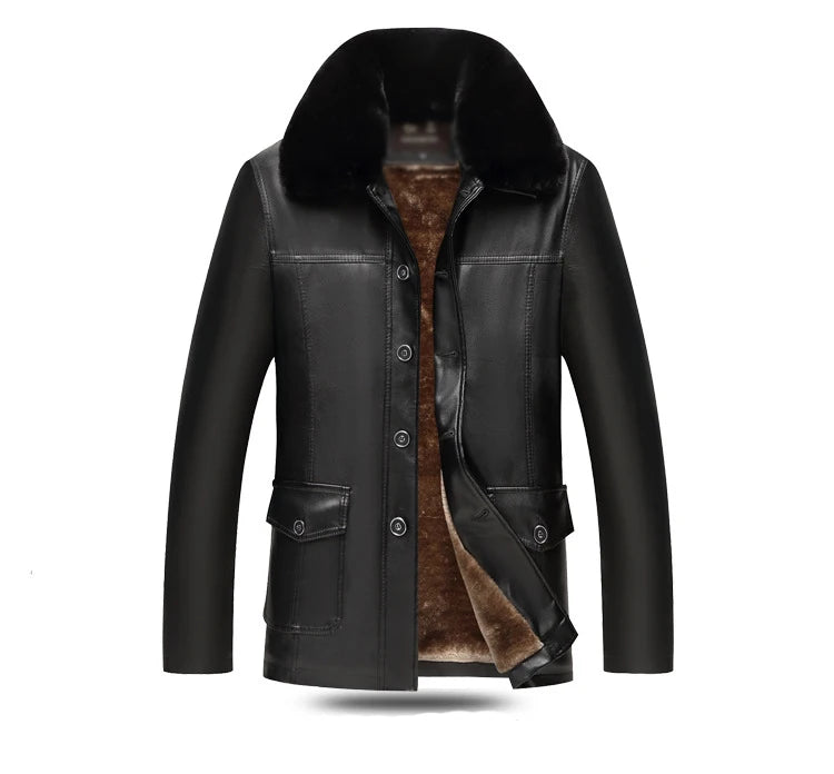 Maxy Idopy Men`s Winter Faux Leather Jacket Fleece Lined Plus Size M-4XL Warm Thicken Long Casual PU Jacket and Coat Fur Collar