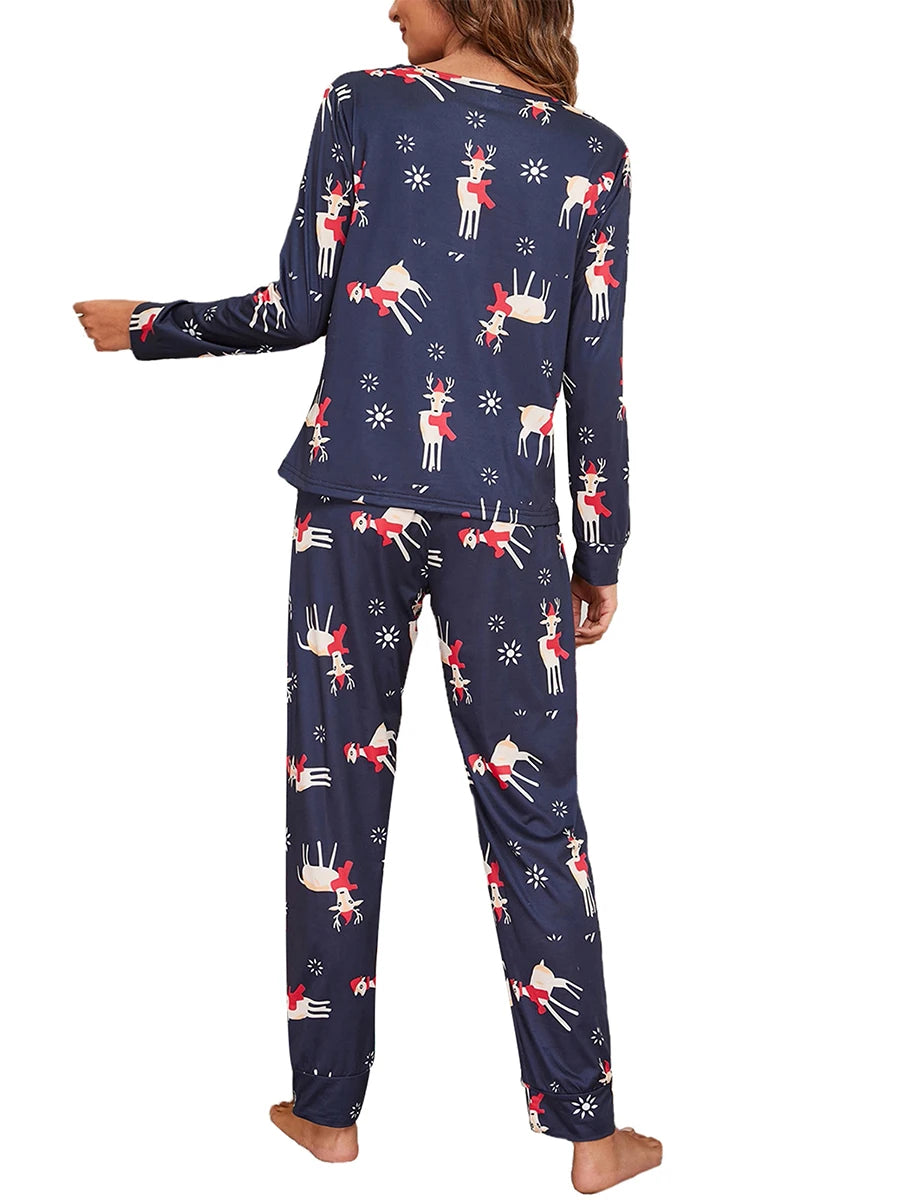 Women Christmas Pajama Set Elk Print Long Sleeve T-shirt with Pants Sleepwear Loungewear