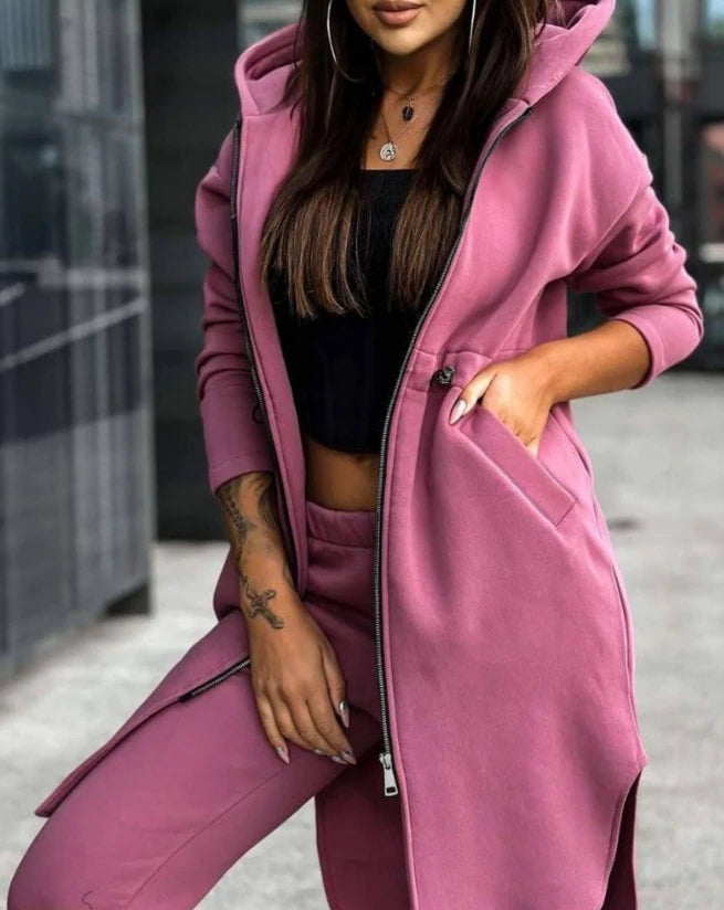 Maxy Women's Sweatpants Sets New Autumn/winter Fashion Zipper Design Longline Hooded Coat & Casual Cuffed Pants Two Piece Suit