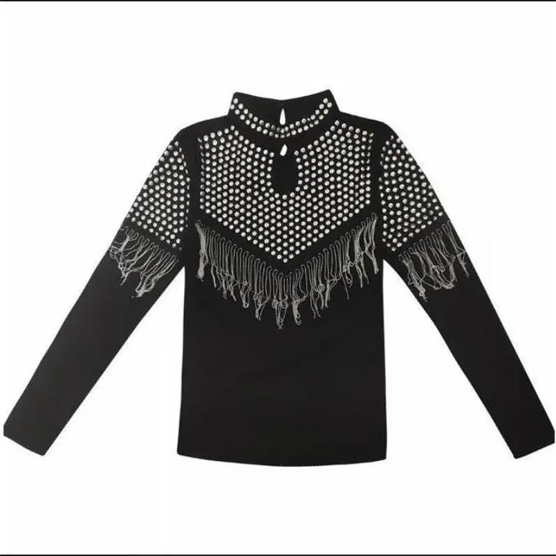 Maxy Tassel Hot Drill Tee Women T-shirt Spring Fall Hollow Out Pullover Stand-up Collar Long Sleeve Shiny Cotton Female T-Shirt
