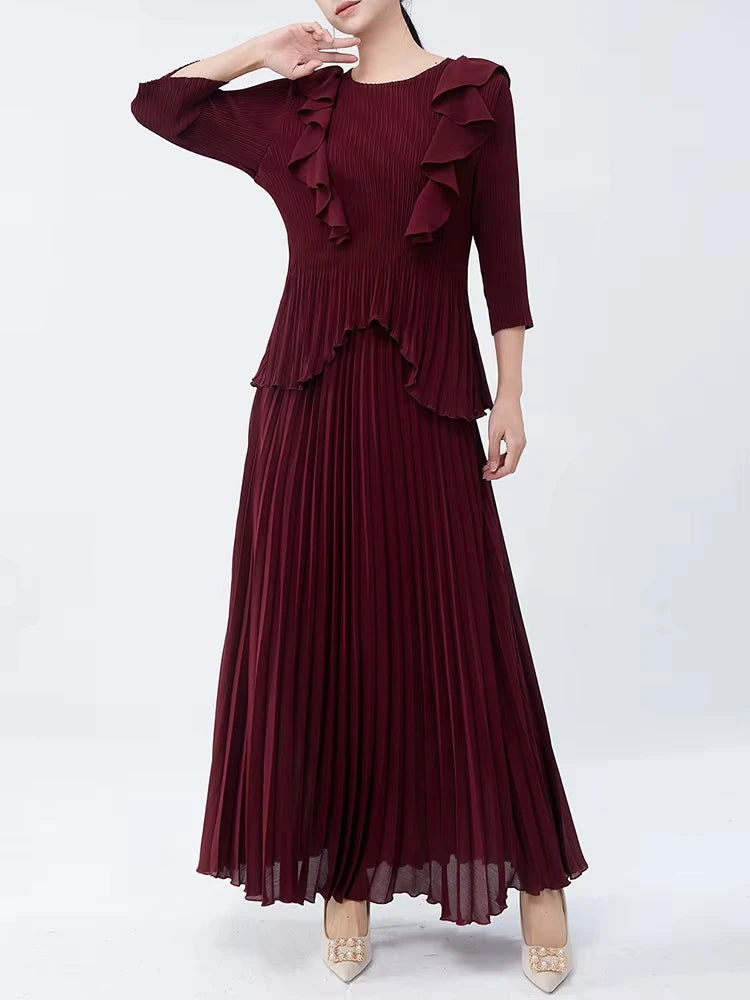Maxy Pleated Two Pieces Sets Women Ruffles Irregular T Shirt + A Line Loose Skirt New Female Elegant Lady Clothing 6R4839