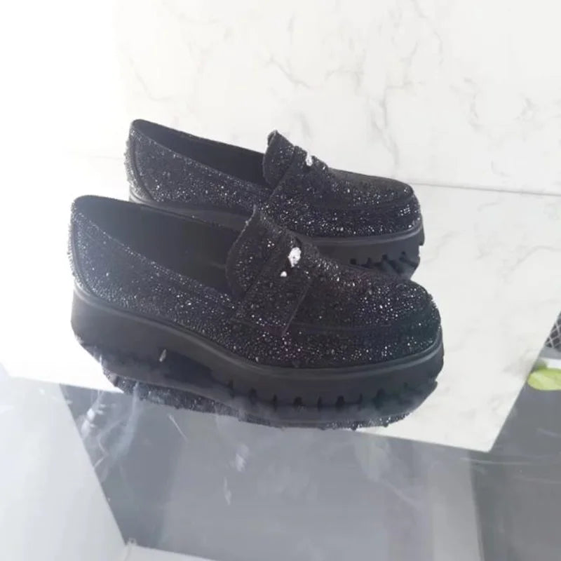 Visco Black Rhinestone Loafers Men Suede Shoes Thick Soles Platform Shoes Leather Dress Shoes Handmade Men's Party And Wedding Shoes