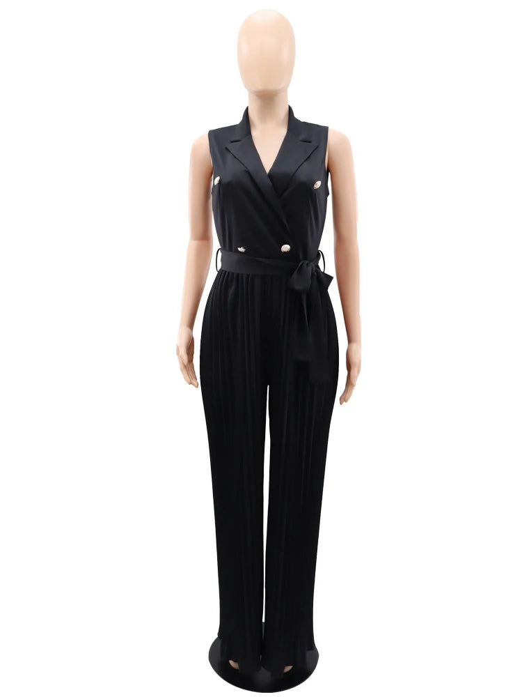 Babs Sleeveless Jumpsuits for Women Casual Pleated Wide Leg Pants Belt Button Down Notched Lapel Back Out Summer One Piece Outfits