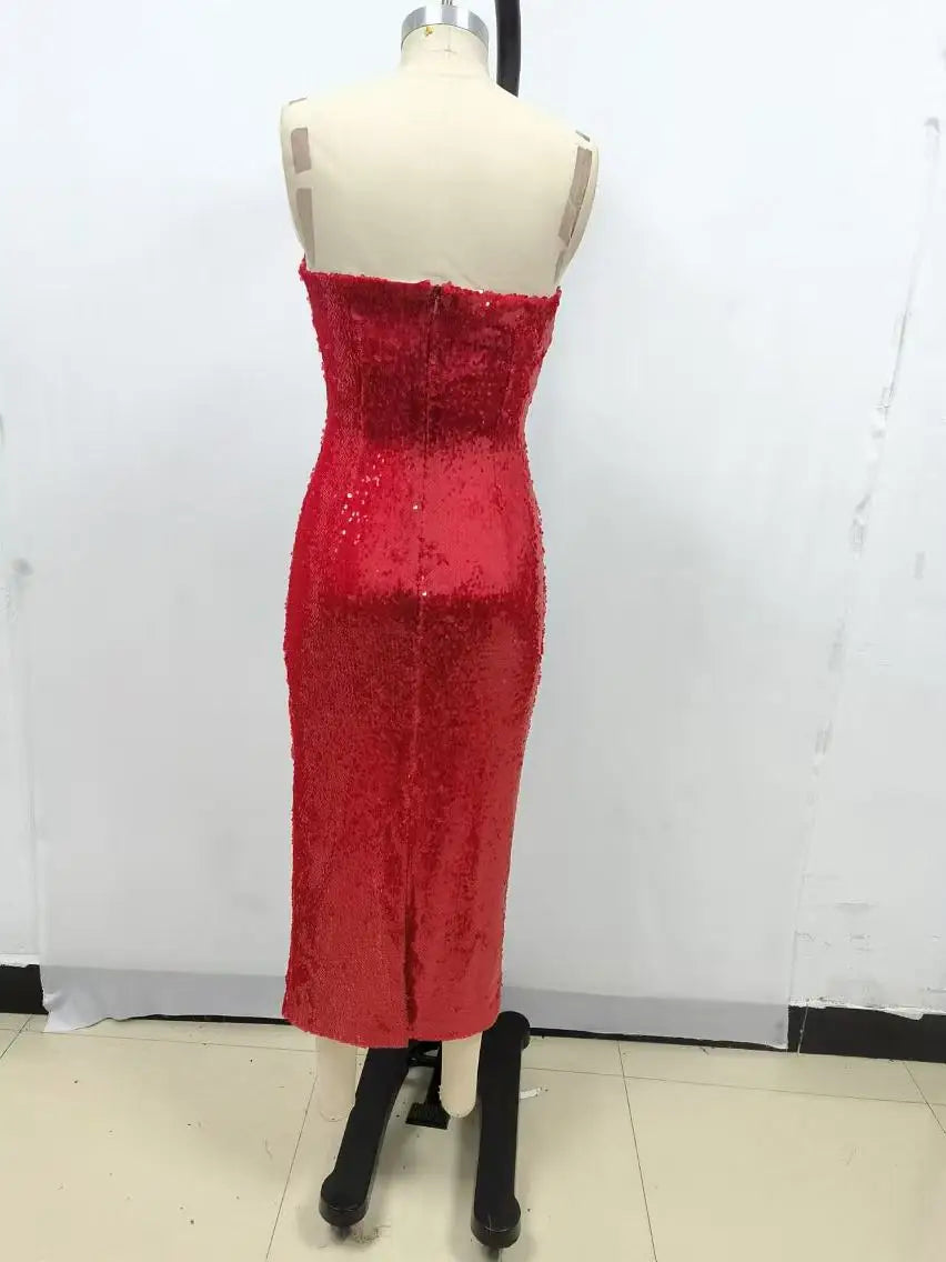 Maxy Women Red Evening Dress Fashion Strapless Sequins Glitter Mid Calf Sparky Dress Celebrity Birthday Club Gowns Gala Clothes