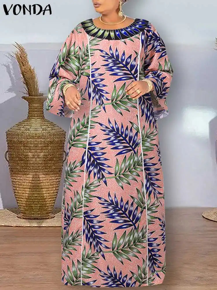 Maxy Plus Size 5XL Women Bohemian Printed Maxy Dress Long Sundress Long Flare Sleeve Casual Loose Elegant Party Vestido Robe