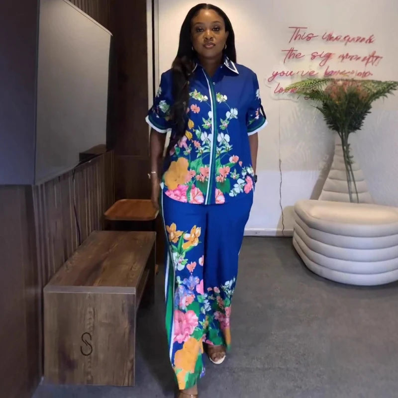 Amay Fashion Women Summer Two Piece Set Vintage Flower Printed Short Sleeve Shirt And Wide Leg Pants Set