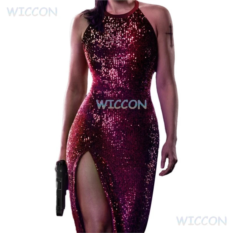 Maxy From The World Of John Wick: Ballerina Eve Cosplay Red Evening Halterneck Dress Cosplay Costume Movie Suit