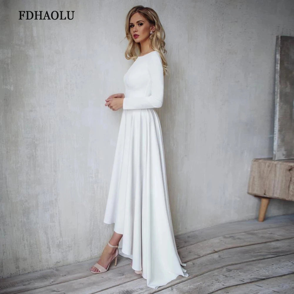 Maxy Customized White Long Sleeve Soft Satin Wedding Dresses Open Back High/Low Beach Boho Bride Gowns A-line Party Dress