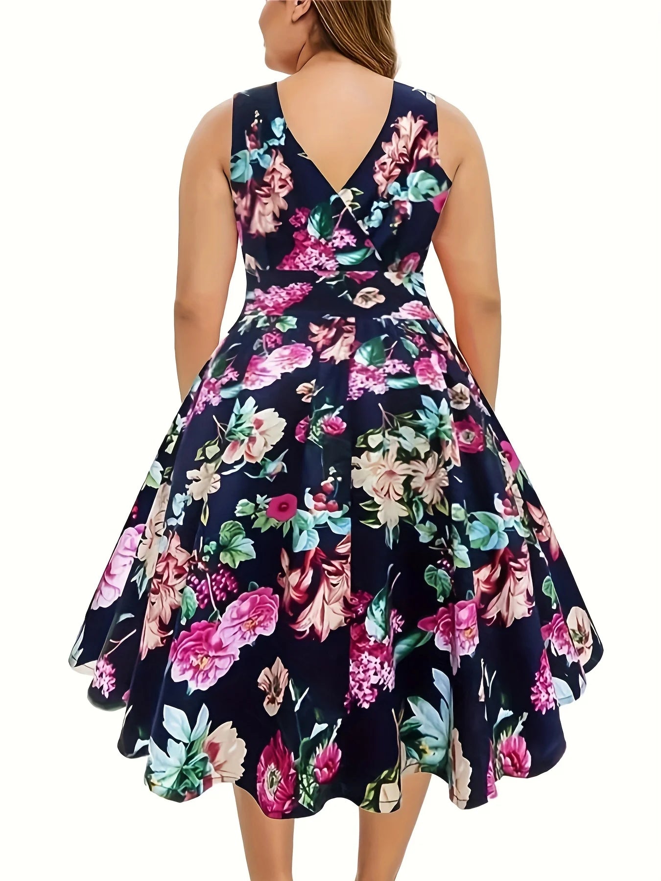 Maxy Plus-size floral print waist dress elegant sleeveless V-neck dress suitable for spring and summer party travel dating