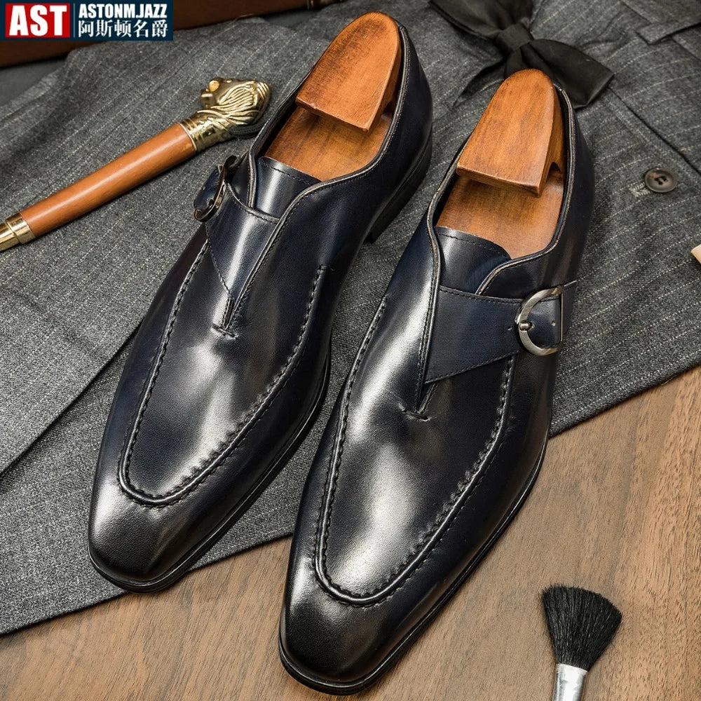 Amay Genuine Leather Mens Loafers Handmade Monk Strap Wedding Party Casual Dress Shoes Summer Autumn Footwear for Men