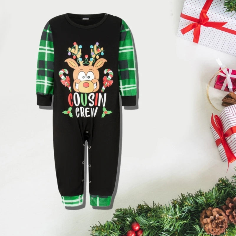 Festival Family Pajama Set with Deer Letter Print Long Sleeve Top and Plaids Bottom Pants Christmas Loungewear Sleepwear