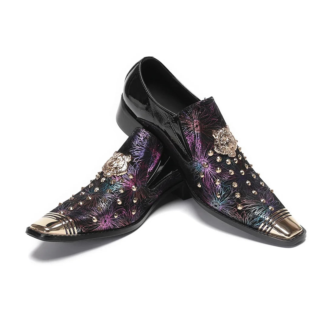 Maxy Fashion Rivet Prints Business Formal Shoes Luxury Design Metal Pointed Toe Genuine Leather Shoes Male Handmade Party Dress Shoes