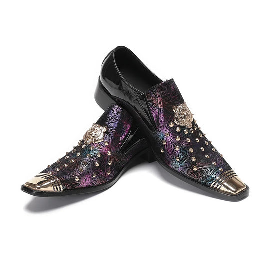 Maxy Fashion Rivet Prints Business Formal Shoes Luxury Design Metal Pointed Toe Genuine Leather Shoes Male Handmade Party Dress Shoes