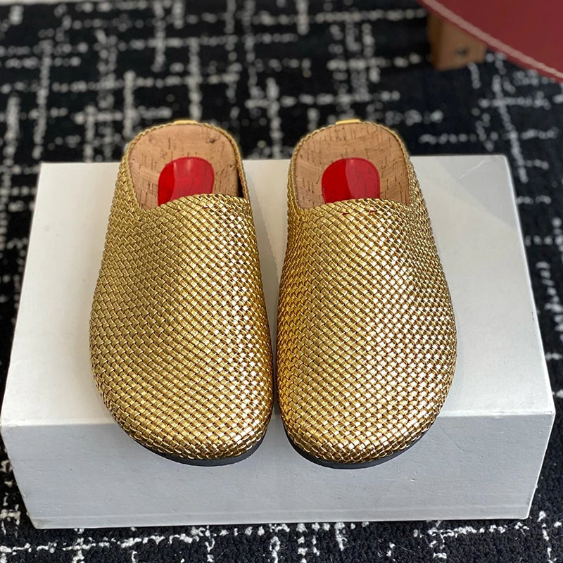Maxy Genuine Leather Weaving Design Half Slippers Women Closed Toe Fashion Flat Bottom Slippers Spring Autumn Outdoor Versatile Mules