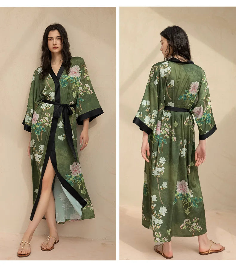 Maxy Japanese Style Half Sleeve Kimono Bathrobe Gown Female Long Robe Nightgown Sleepwear Loose Satin Print Flower Home Dressing Gown