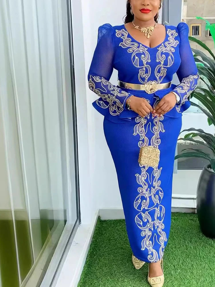 Amay Women Wedding Bride Party Maxy Dress V Neck Luxury Hot Drill Long Sleeve Ruffle Hem Package Hip Elegant Evening Event Celebrate Gowns