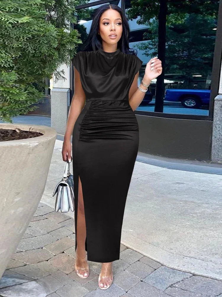 Women Dress Pleated Long Wine Red Elegant Slit High Collar Slim Fit Sleeveless Maxi Robes Female Shiny Gowns Party 2023 Spring