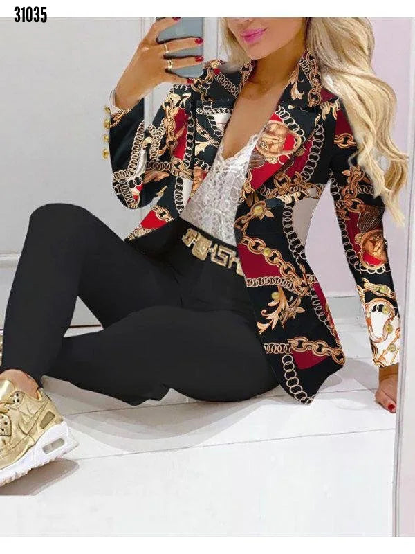 Maxy Fashion Butterfly Print Blazer Suit and Pants Two Piece Set for Women Autumn Winter Outfit Office Lady Casual Clothing