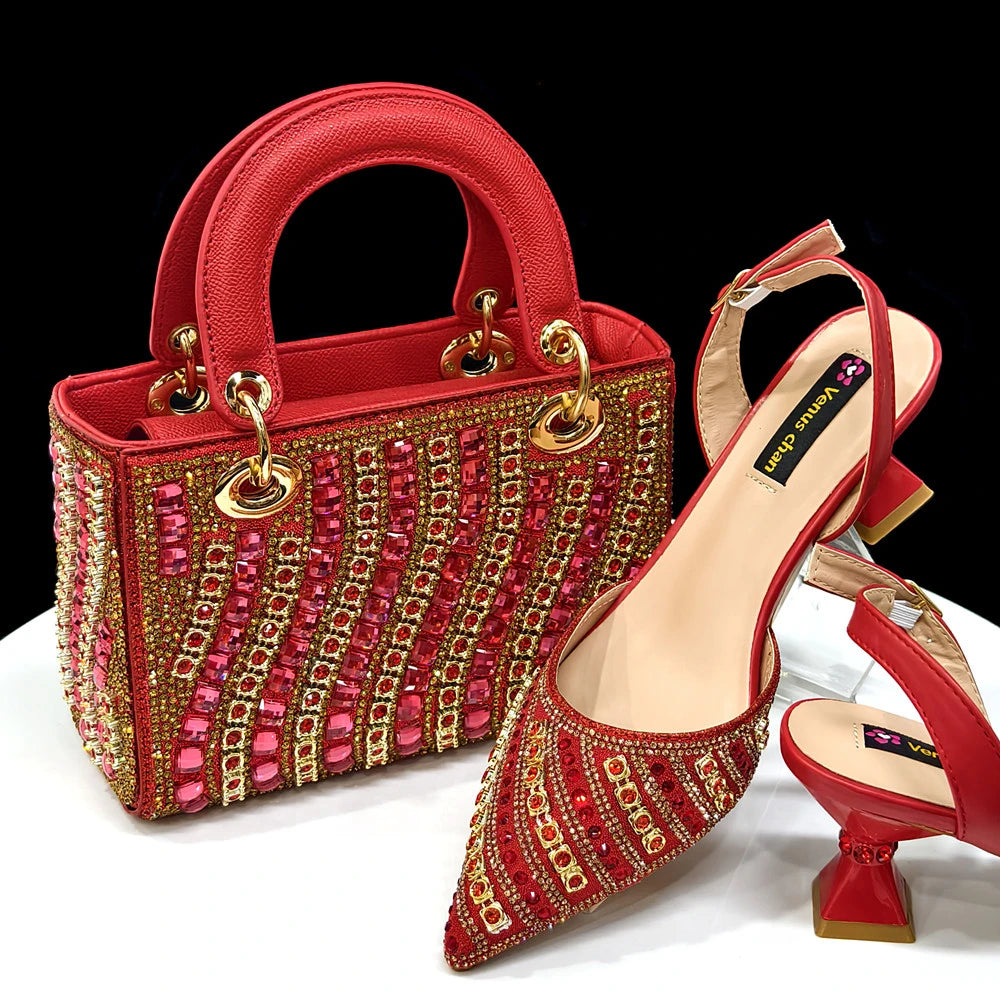 Maxy Summer New Design Specials Italian Women Shoes and Bag Set Blue Color Comfortable Low Heels With Rhinestone
