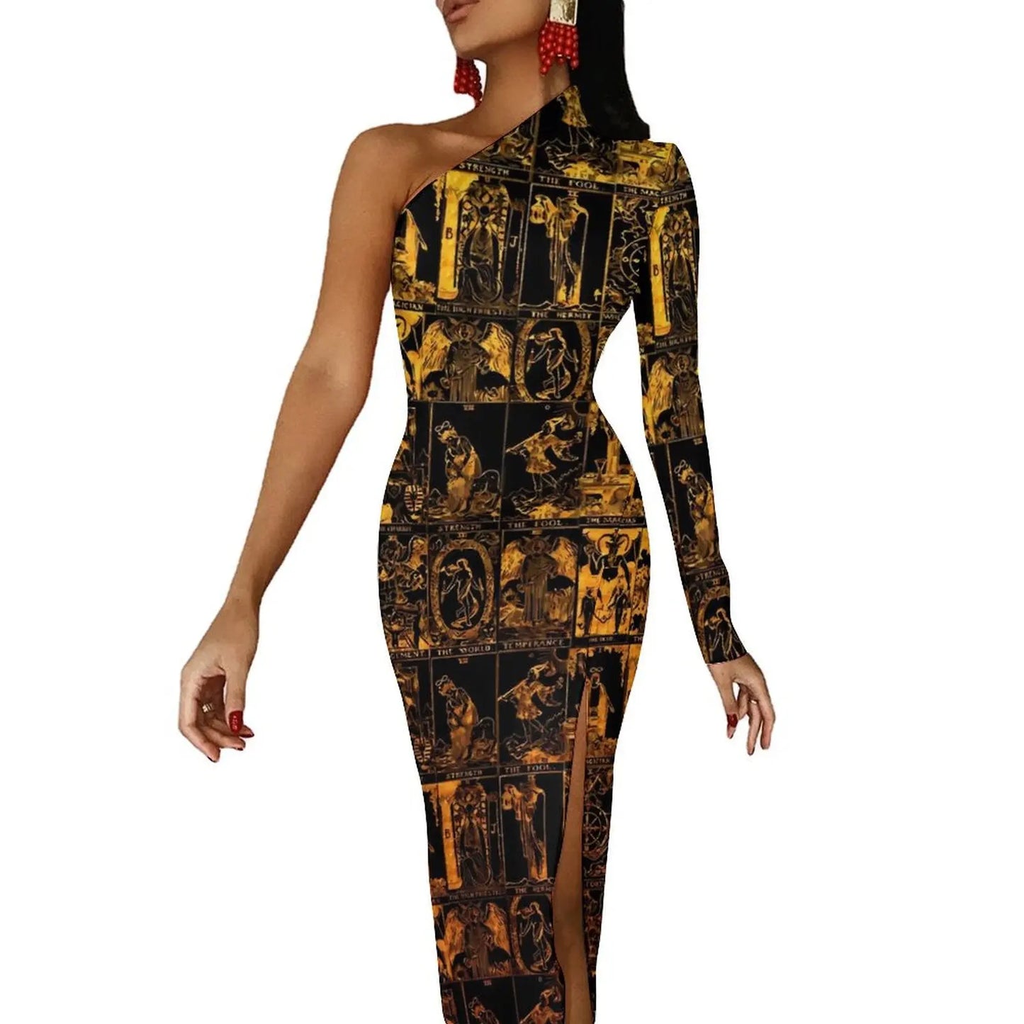 Maxy Gold And Black Tarot Bodycon Dress Women's Major Arcana Night Club Maxy Dress Long Sleeve Party Custom Dresses Birthday Present