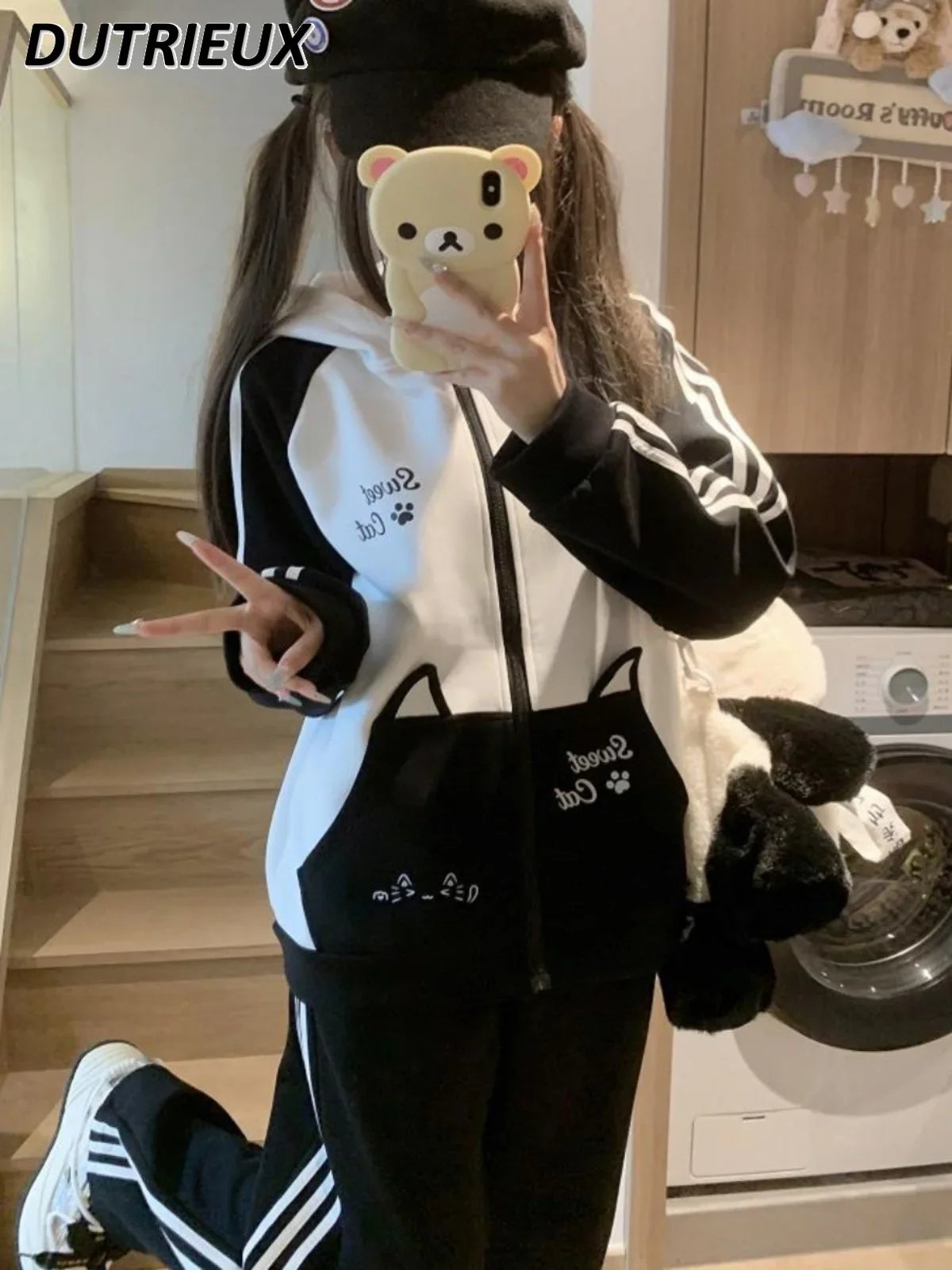 Maxy Fashion pants suit Autumn and Winter Sweet Sports Suit Female Japanese College Style Hooded Thickened Two-piece Set for Women