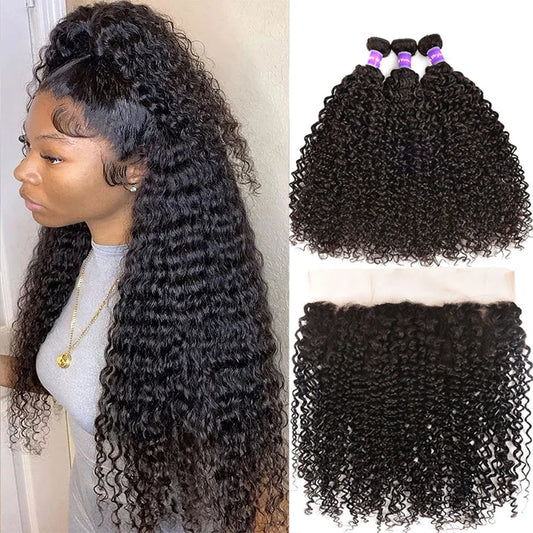 Maxy Kinky Curly Bundles with Frontal Brazilian Hair 3/4 Bundles 13x4 Lace Kinky Curly Virgin Hair with Baby Hair for Black Women