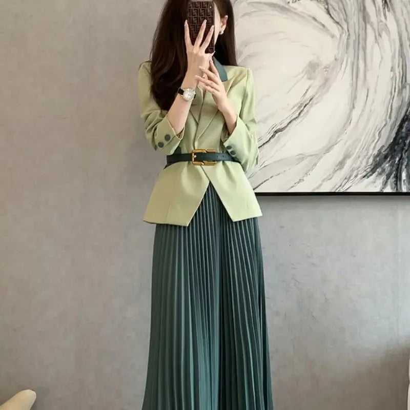 Maxy Pleated Skirt 2 Pieces Sets for Women Office Woman Outfit Midi Suits Jacket Y2k Streetwear Summer Clothes Stylish Korea