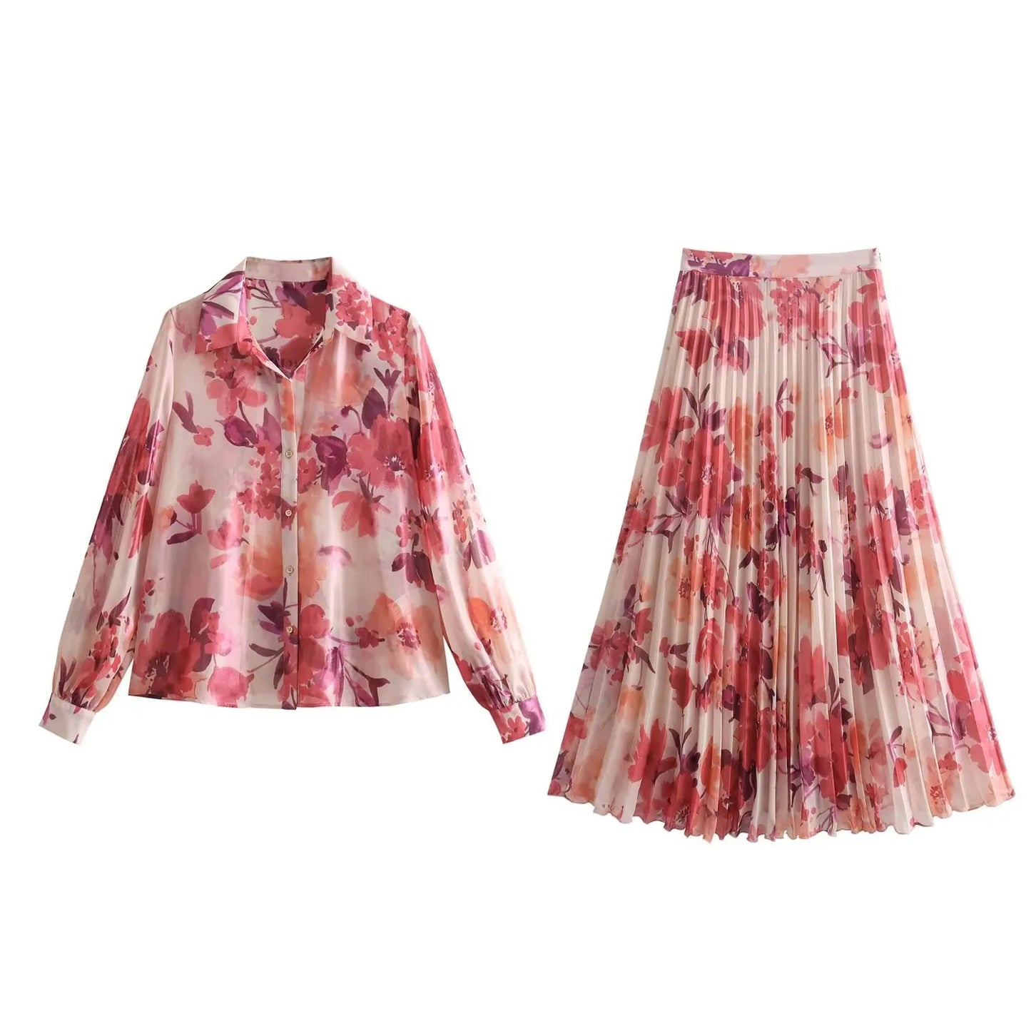 Maxy Spring Women Pink Print Short Sleeve Casual Blouses Women Button up Shirt+ A-Line Pleated Skirt Set For Beach Style
