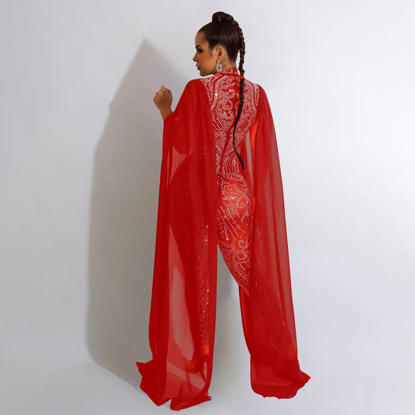 Shawl sleeve mesh crystal jumpsuit Women's jumpsuit Luxury transparent sequins Party jumpsuit Birthday set prom dresses
